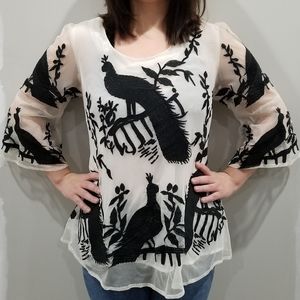 Black Layered Top with Embroidered Peacocks